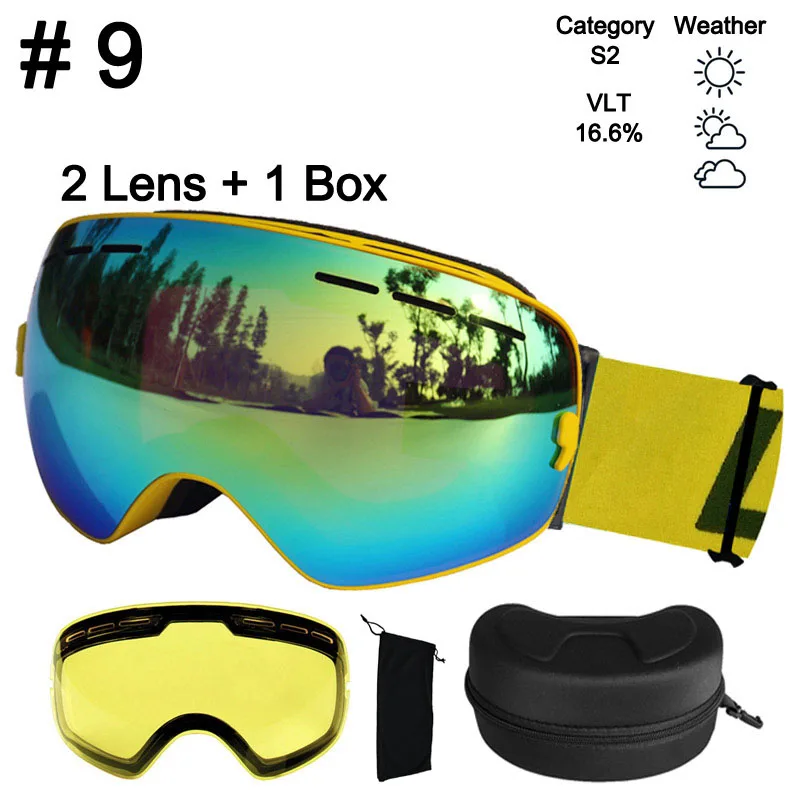 Color 9 Lens Box LOCLE лыжные очки противотуманные UV400 сферические лыжные очки Лыжные Сноуборд очки двойные линзы лыжные очки с дополнительными линзами и коробкой - Цвет: Color 9 Lens Box