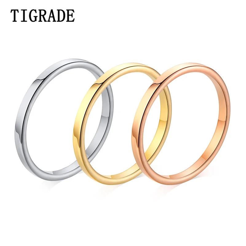 Tigrade 2mm Thin Silver-color Couple Ring Simple Fashion Rose Gold Finger Ring For Women and Men mens gifts Stainless Steel