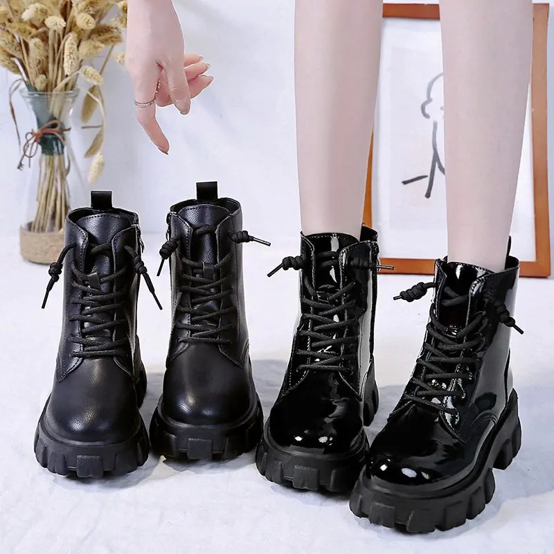 

Dropshipping Black Patent Leather High Platform Ankle Boots Motorcycle Boot Woman Winter Shoes Women Fashion Lace Up Thick Sole