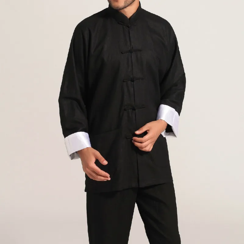 Мужской костюм Тан из хлопка и льна с длинным рукавом мужская тренировочная