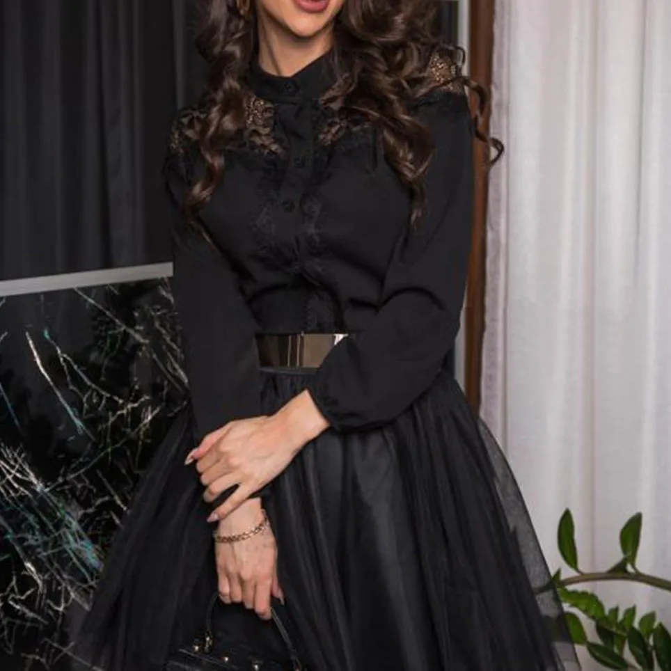 Женская Летняя туника с длинным рукавом черная элегантная кружевная блузка