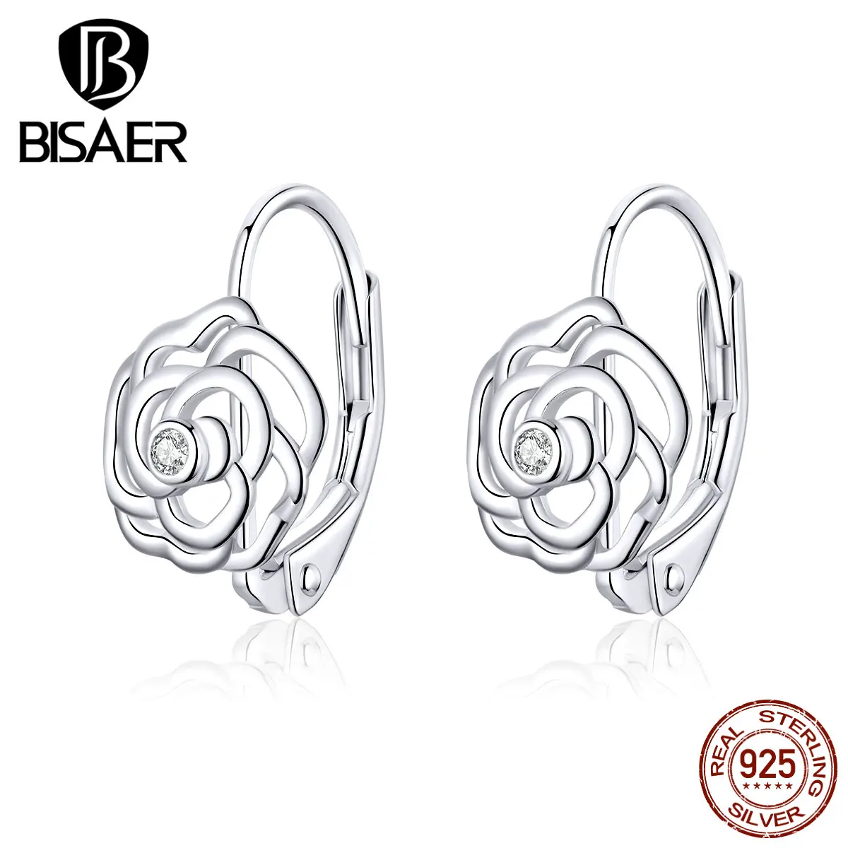 

Rose Flower Jewelry BISAER Original 925 Sterling Silver Rose Flower Stud Earrings for Women Sterling Silver Jewelry ECE745
