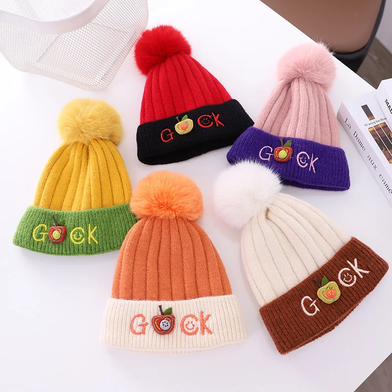 

2021 Winter Baby Beanie Elasticity Knitting Caps Cartoon Bonnets Kids Hats Weaving Cap Hairball Warm Caps Gorros Para Bebe