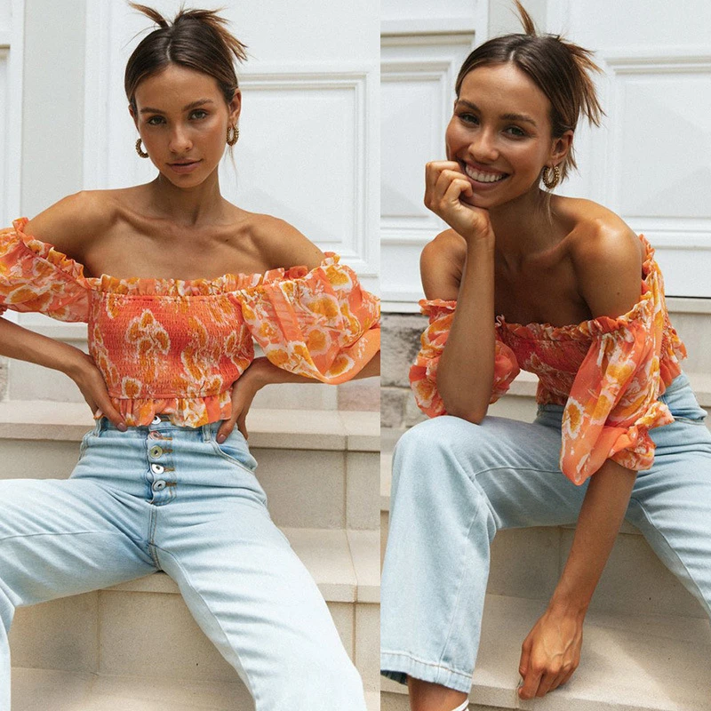 

Женские рубашки 2021, летние повседневные облегающие Короткие топы с принтом, воротником-лодочкой и рукавами-фонариками