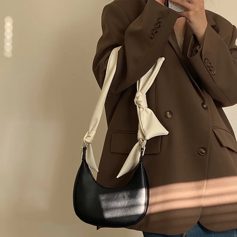 

S.IKRR Luxury Designer Handbag Bow Strap Half-Moon Shoulder Bag Leather Crossbody Bags For Women 2021 Korean Purses And Handbags
