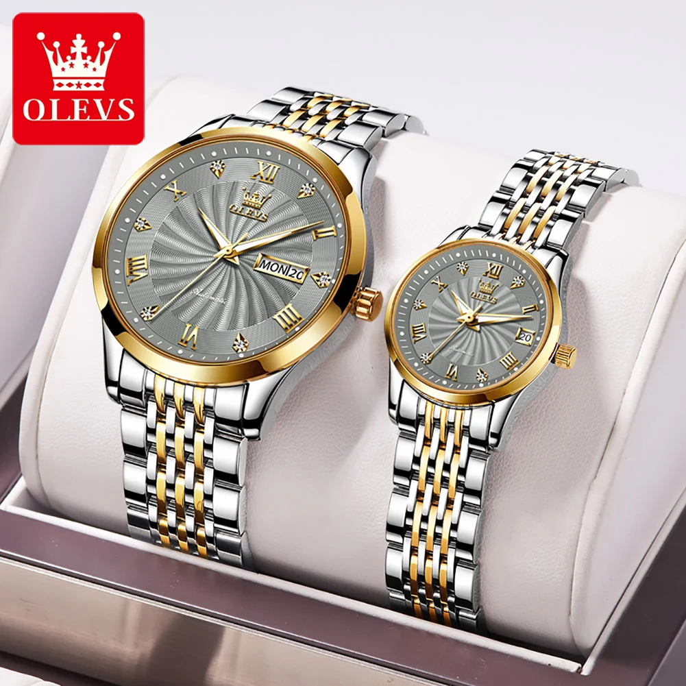 

Роскошные автоматические парные часы OLEVS, мужские и женские механические наручные часы из нержавеющей стали, модные брендовые часы для влюб...