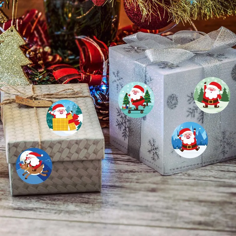 

500Pcs/Roll Christmas Santa Claus Printed Roll Paper Christmas Decorations Round Sticker For Home Tissue Christmas Gift New Year