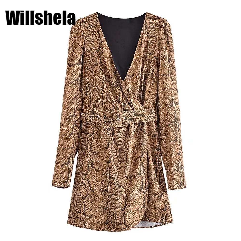 

Willshela/женское модное атласное платье с принтом под змеиную кожу с поясом и v-образным вырезом, с длинными рукавами, шикарные женские короткие...