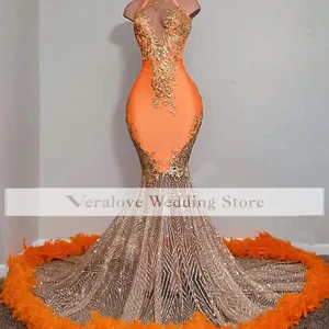 Sparkly Orange Mermaid Evening Dress High Neck Feather Beads Sexy Luxury Prom Gowns Dubai Women Form
