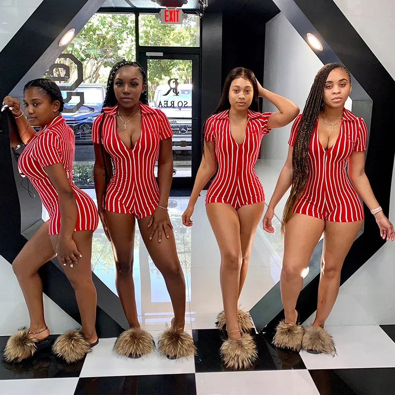 Женский Короткий комбинезон ATHVOTAR красный белый полосатый с коротким рукавом