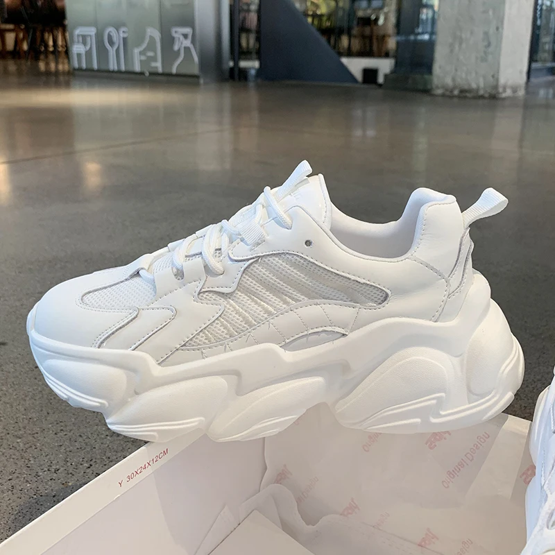 

Spring Newest Chunky Sneakers Women Nylon Mesh Leather Solid Colors Lace-Up Closure Platform Comfy Lady Casual Shoes Handmade