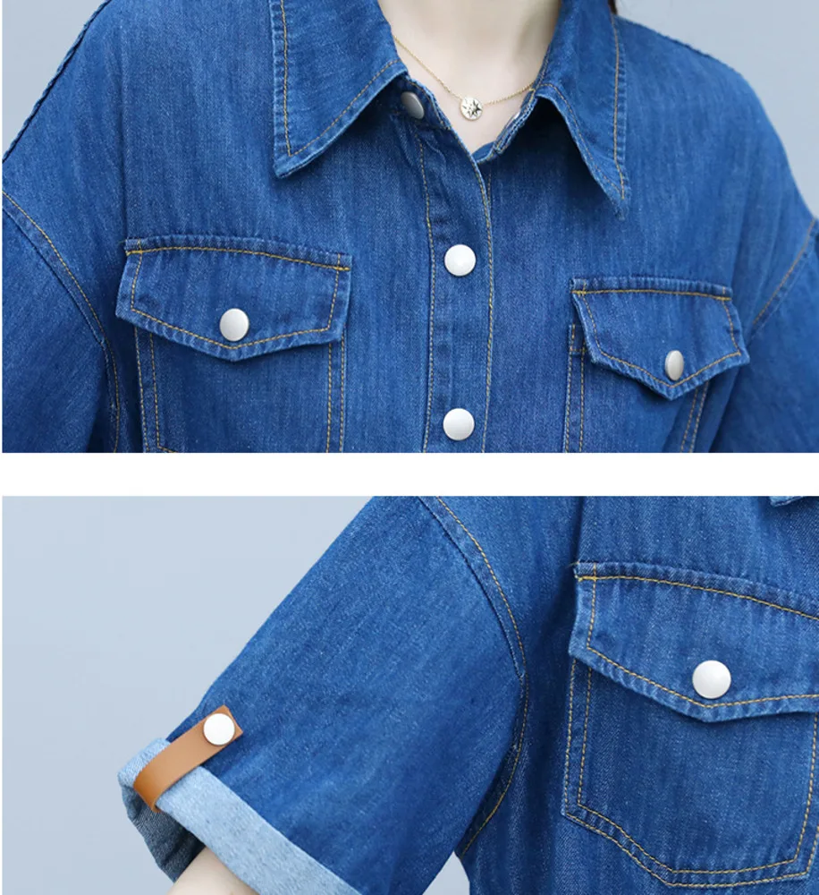

#2764 Summer Short Sleeved Denim Dresses Women With Sashes Casual Vintage Single Breasted A-line Jeans Dress Thin Plus Size 4XL