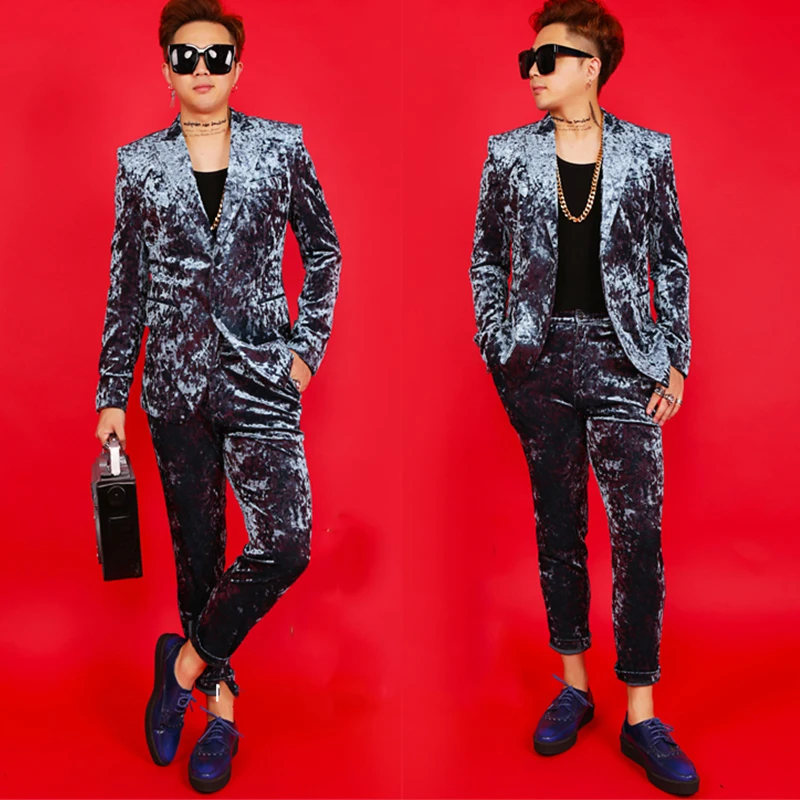 Мужской облегающий пиджак модный бархатный блейзер со стразами костюмы DJ для