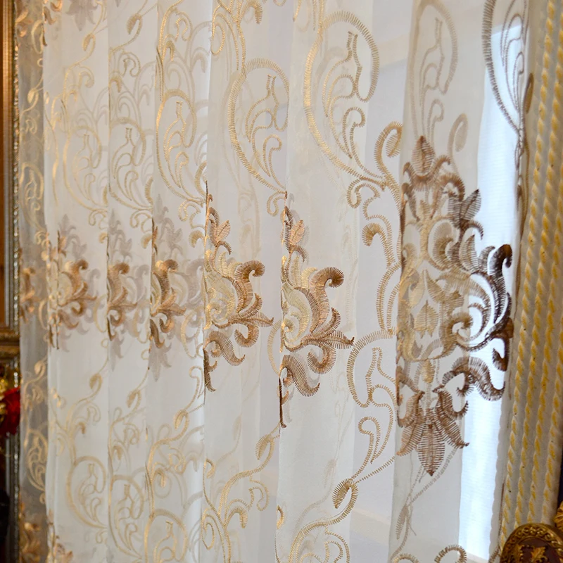 

Gold Jacquard Damask Curtain for Living Room Bedroom Villa Luxurious Europe Hollow Voile Window Drapes Cortinas Customize AD683E