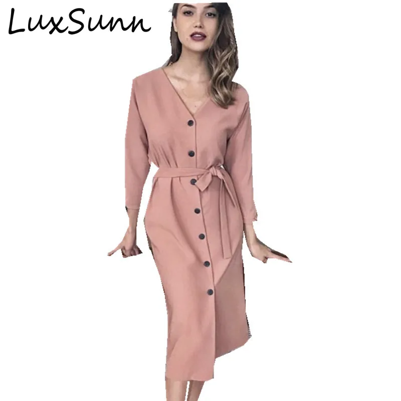 

Sexy V Neck Autumn Long Sleeve Women Dress Ladies Sashes Button Casual Office Dress 2019 New Fashion Women Midi Dress Vintage