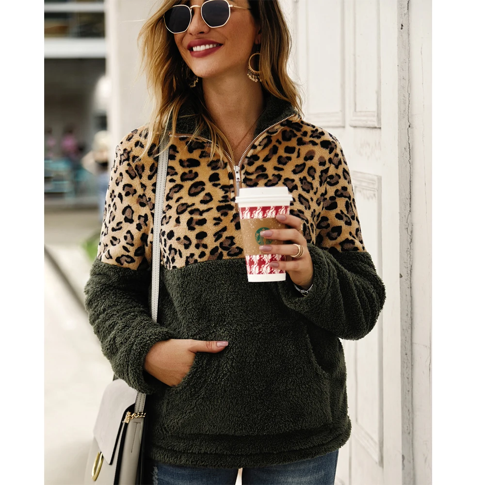 Осенне зимние пушистые теплые толстовки Meihuida в стиле пэчворк с леопардовым