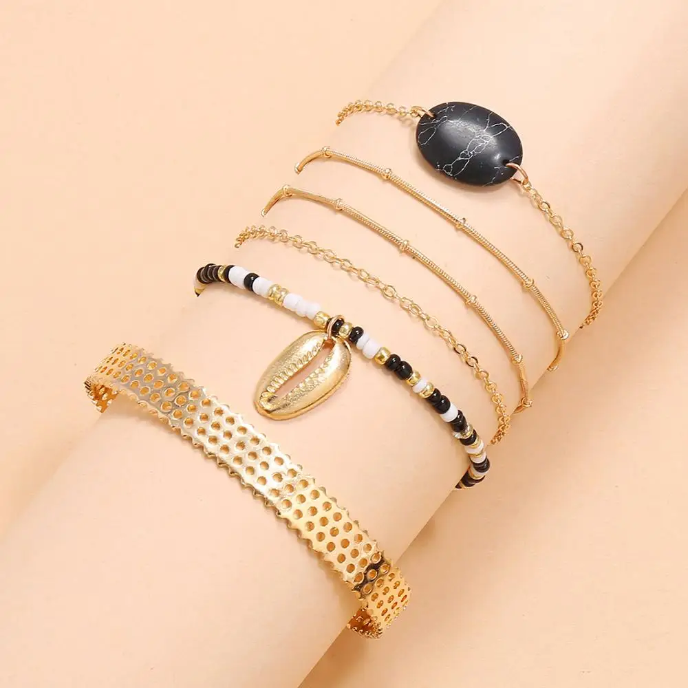 Набор браслетов Wgoud Boho с бусинами для женщин, модные многослойные цепи с камнями, регулируемые браслеты с круглой ракушкой, ювелирные изделия.