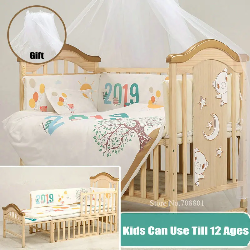 Big Size Kids Bed With Mosquito Net Gift, Pine Wood Baby Crib Can Extend Use Till 12 Ages