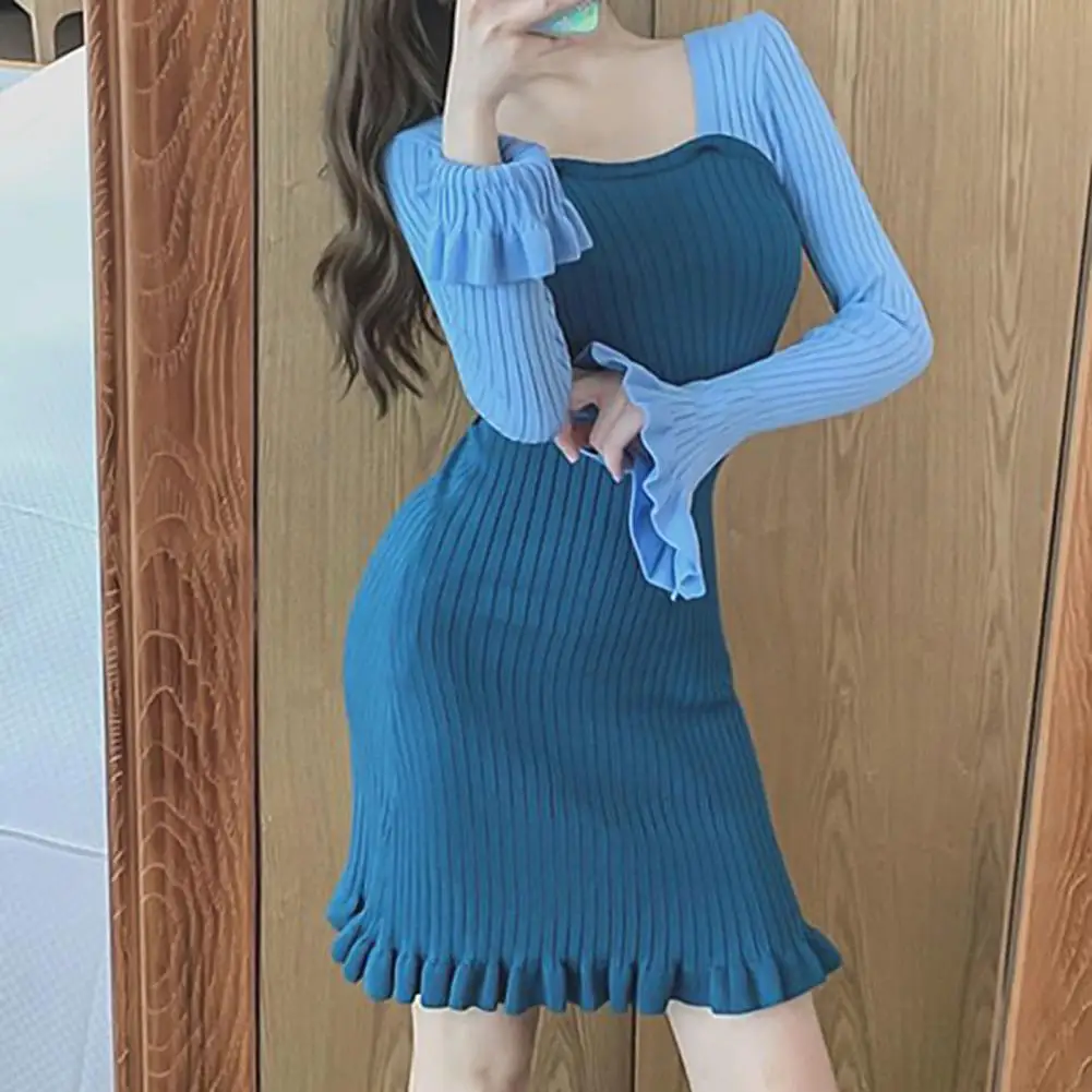 

Women Autumn Bowknot Long Sleeve Ruffle Hem Color Block Ribbed Knit Mini Dress