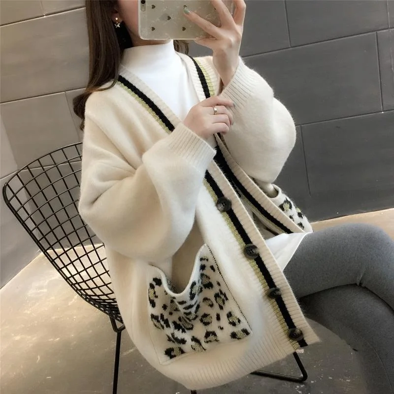 

2021 Spring Autumn New V-neck Women's Cardigan Leopard Print Pocket Sweater Coat Color Matching Casual Chompas Para Mujer