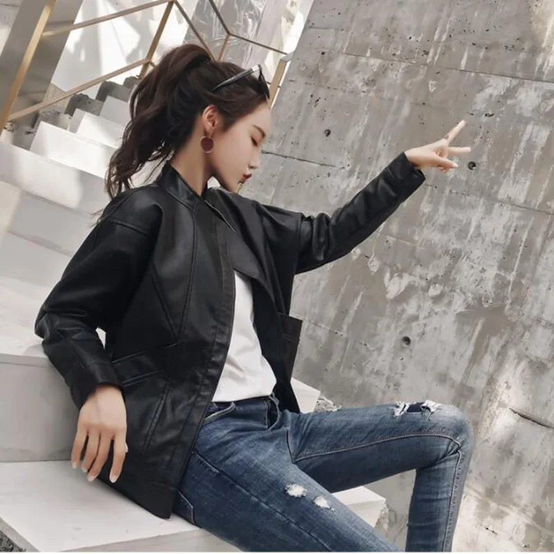 

2019 Ladies Fashion Leather Jacket Coat Autumn Winter Loose Black Pu Leather Coats Women Motorcycle Bomber Leather Overcoat