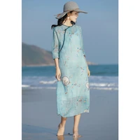 new original womens dress high quality retro ramie print long loose dress summer dress 2021