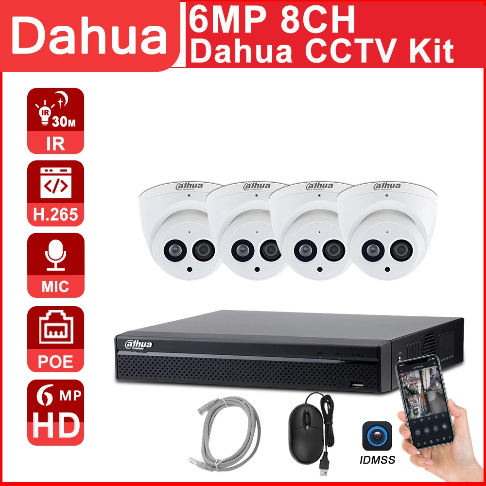 

Dahua CCTV Kit 6MP IP Camera NVR2108HS-8P-4KS2 4K IP Camera IPC-HDBW4631C-A P2P Surveillance System Easy To Install