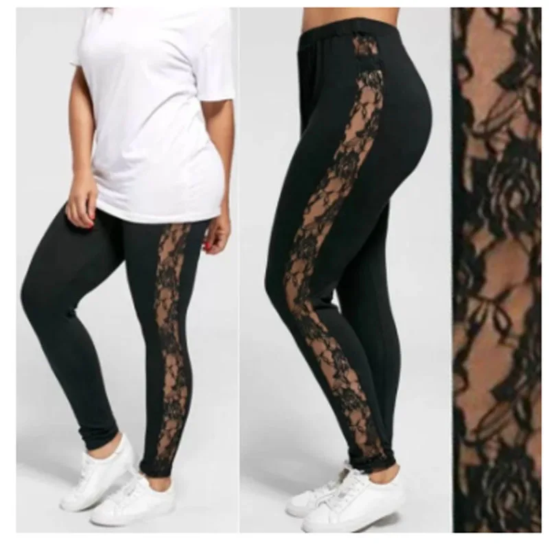 Женские леггинсы размера плюс L-3XL сексуальные кружевные брюки прозрачные