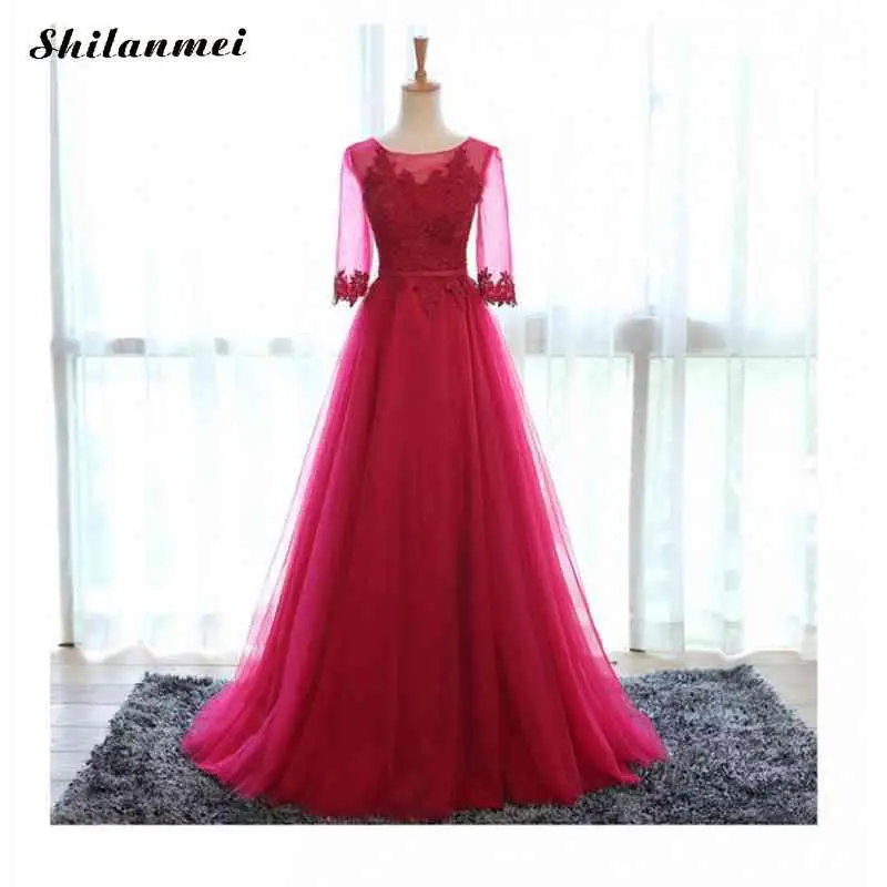 

Sweet Pink Lace Evening Party Dress Women Half Sleeve Mesh Transparent Patchwork Long Dress Floral Embroidery Ball Gown Dresses
