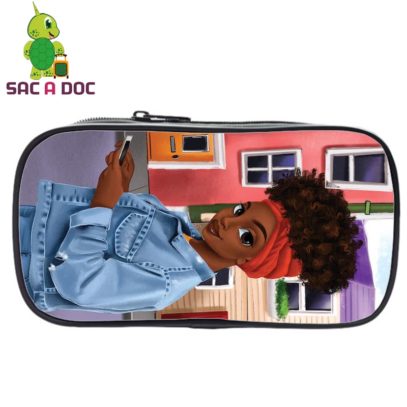 

Cute Afro Brown Girl Printed Cosmetic Cases Pencil Bag Kids School Case Stationary Bag Teenager Girls Pencil Box School Supplies
