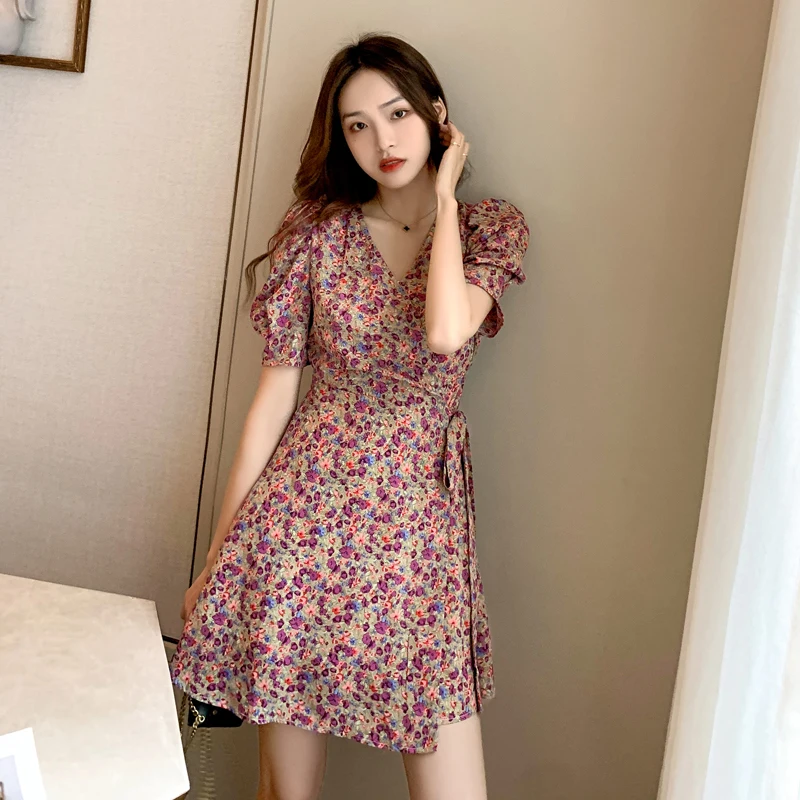

Women Dresses Summer 2021 Sexy V Neck Floral Print Boho Beach Dress Ruffle Short Sleeve A Line Mini Dress Wrap Sundress Robe