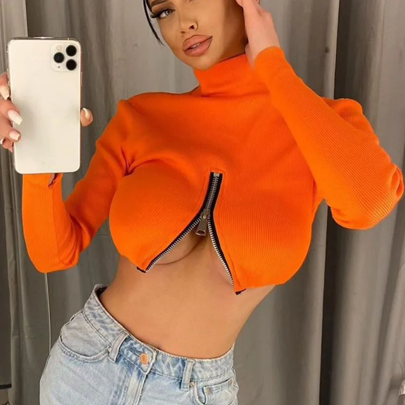 

Женский ТРИКОТАЖНЫЙ УКОРОЧЕННЫЙ ТОП на молнии, с длинным рукавом