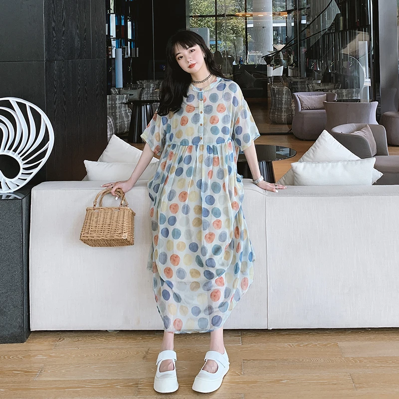 

Polka Dot Chiffon Women's Dress Summer 2020 New High Waist Doll Dress Casual Quality Loose Polka Dot Women's Long Dress W74