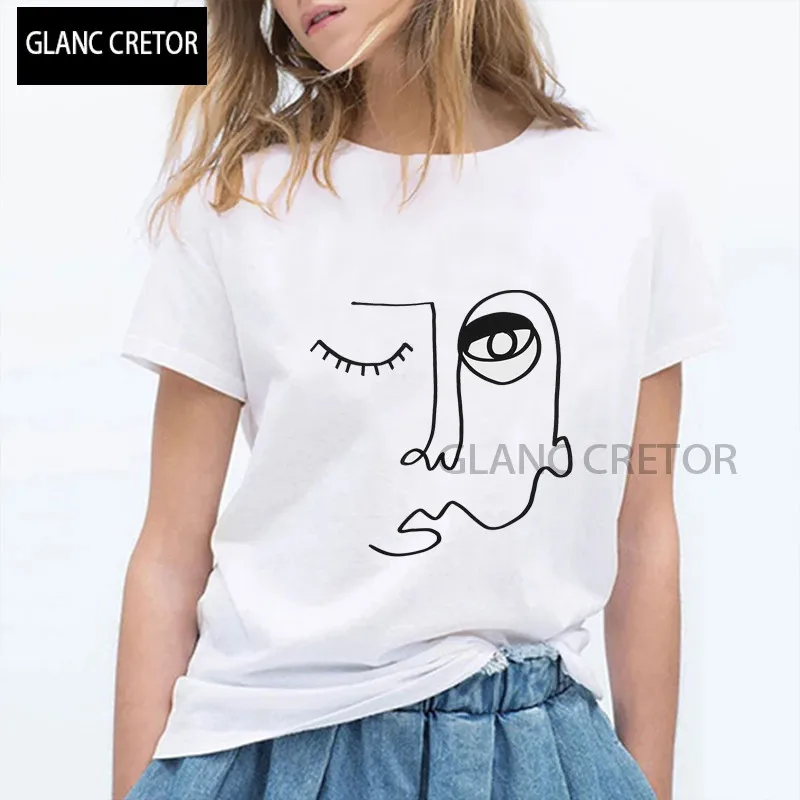 

White Shirt Simple Tshirt Women Harajuku kawaii Creative Line Graphic T Shirts Summer Casual Short Sleeve 2021 T-shirt