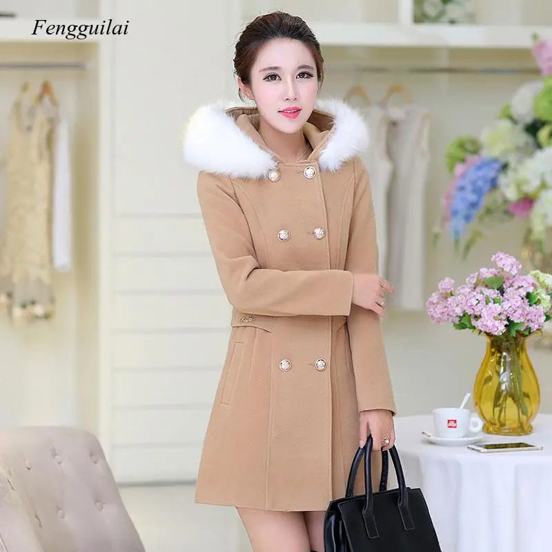 

Winter coat women Woolen outerwear female slim medium-long double breasted fur collar wool coat Casaco Femin