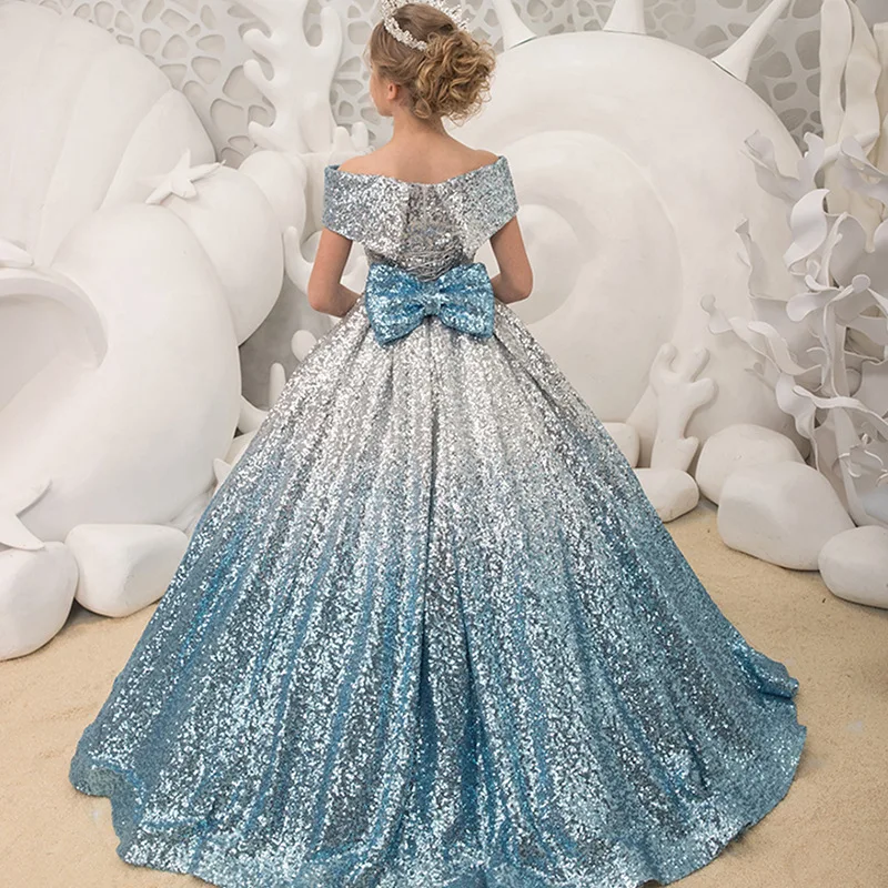 Kids Prom Dresses 2023 Girls Elegant Sequins Ball Gowns with Bow Teenagers Evening Party formal Dress Girl Duinceanera Dresses