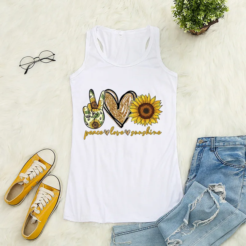

Peace Love Sunflower Printed Crop Top Women Sleeveless O Neck Tank Top Summer Ladies Casual Loose Vest Haut Femme Ropa Mujer