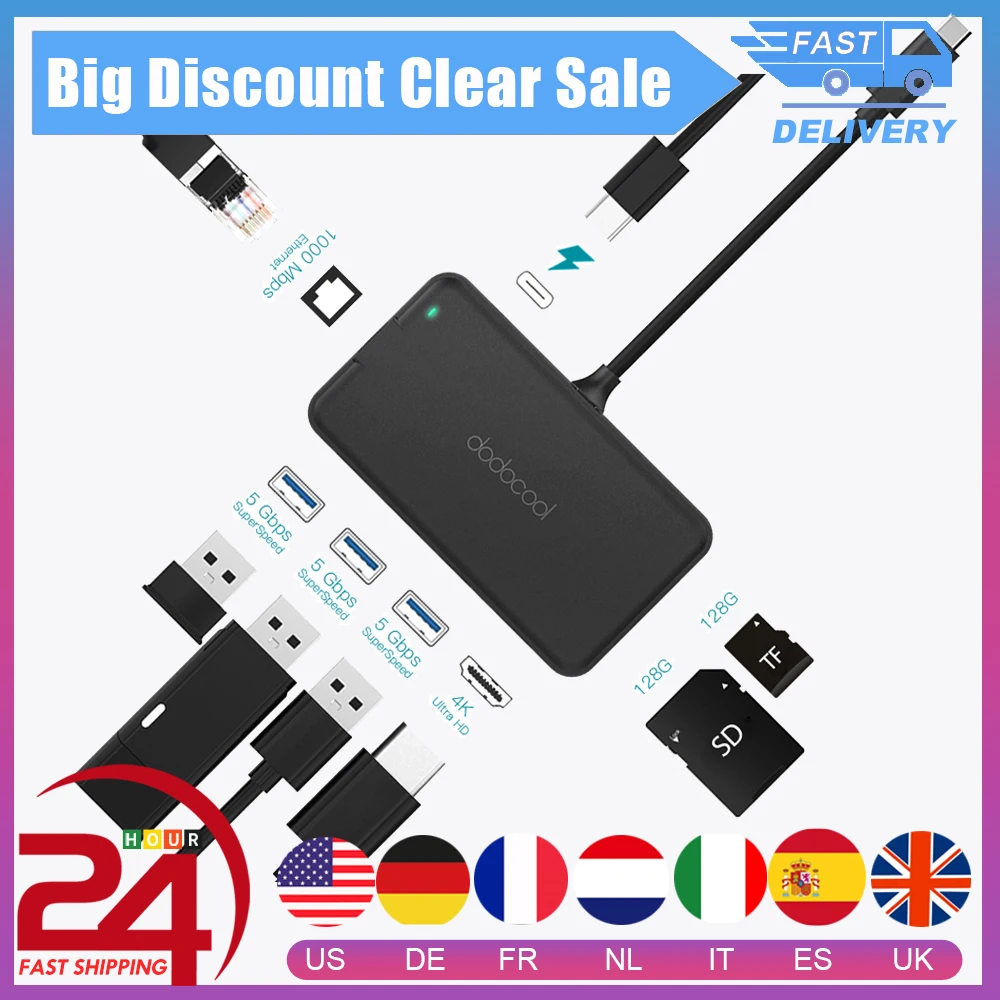 Dodocool USB C концентратор Тип до 3 0 видео в формате 4K HD выходной порт RJ45 Gigabit Ethernet