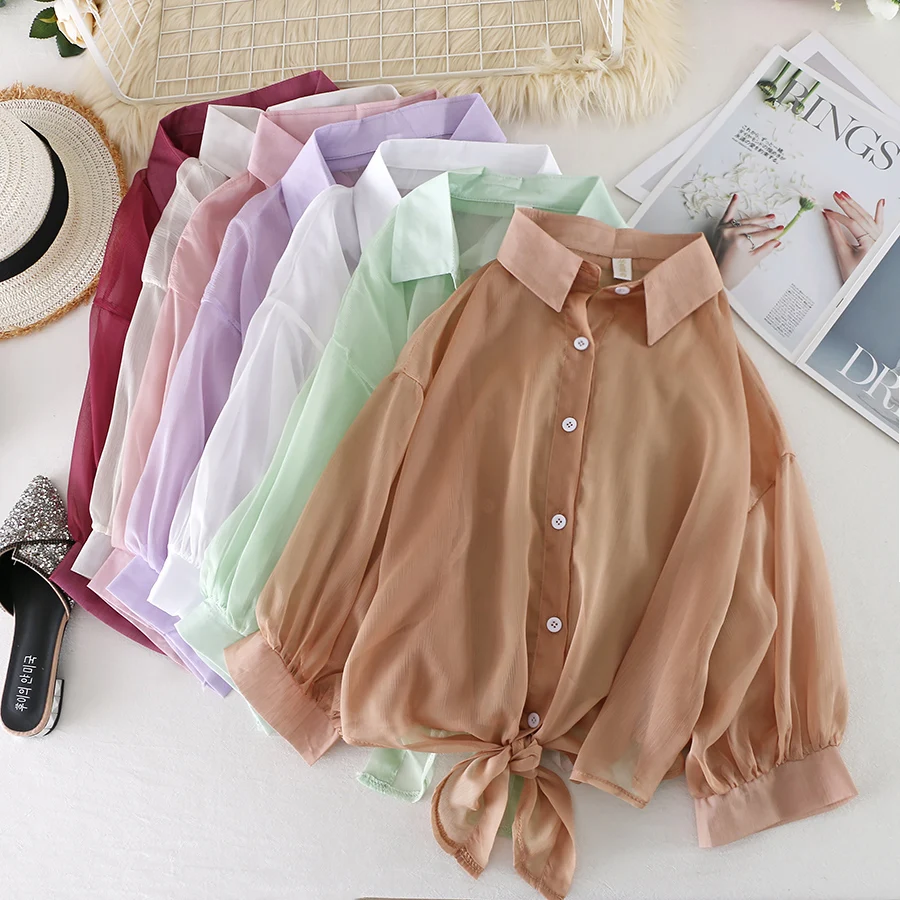 Women Summer Batwing Lantern Sleeve Bandage Strap Chiffon Basic Shirt Elegant Lady Sexy Short Slim Cardigan Button Blouse Tops | Женская