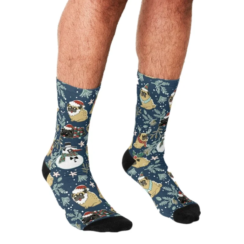 

Funny Men socks Christmas Pugs pattern blue Printed hip hop Men Happy Socks cute boys street style Crazy novelty Socks for men