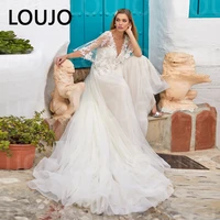 luojo romantic boho wedding dress flare short sleeves v neck lace applique tulle backless bridal dress robe de mariage light cha