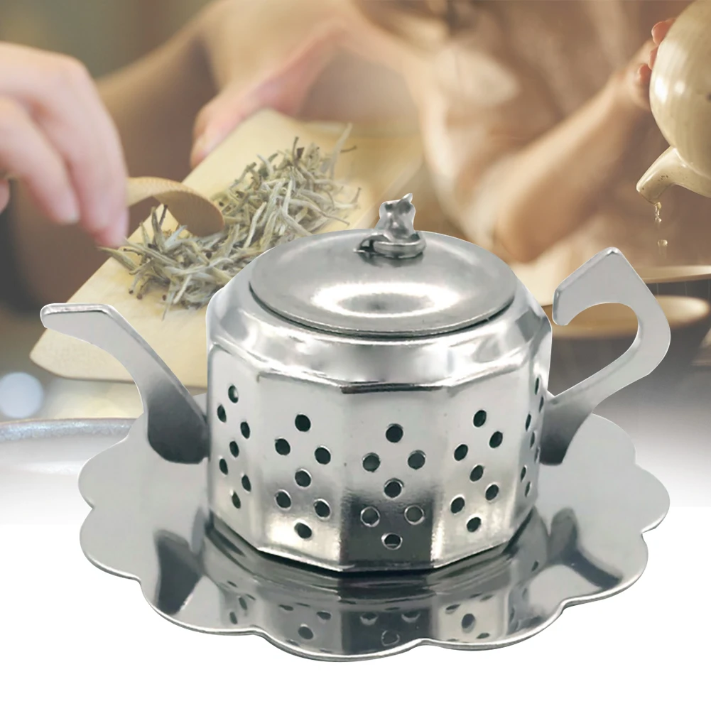 Tea Strainer Loose Drinkware Stainless Steel With Drip Tray Home Teapot Shape Polygon Filter Kitchen Durable Reusable Container | Дом и сад
