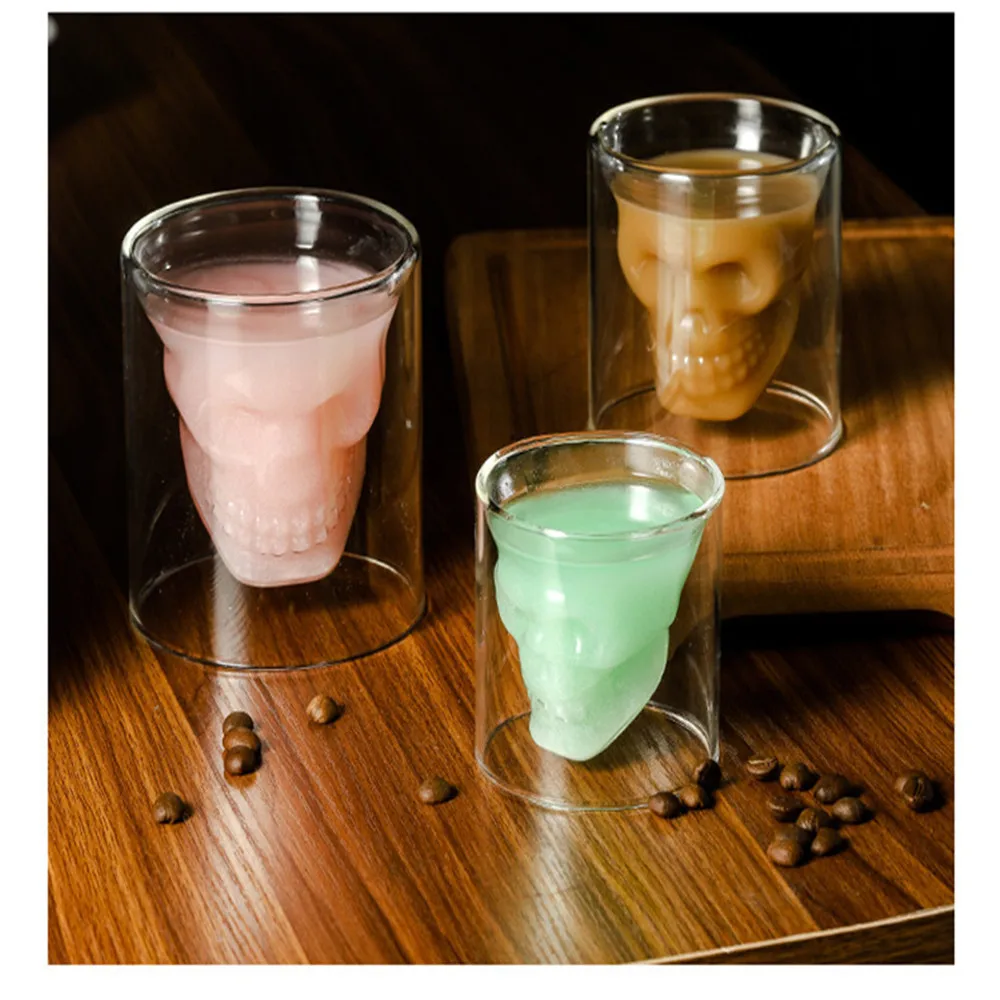 Novelty Cups 95/145/220ml Double Wall Skull Skeleton Whisky Bar Wine Glasses Glass Cup Crystal Head Vodka Shot | Дом и сад