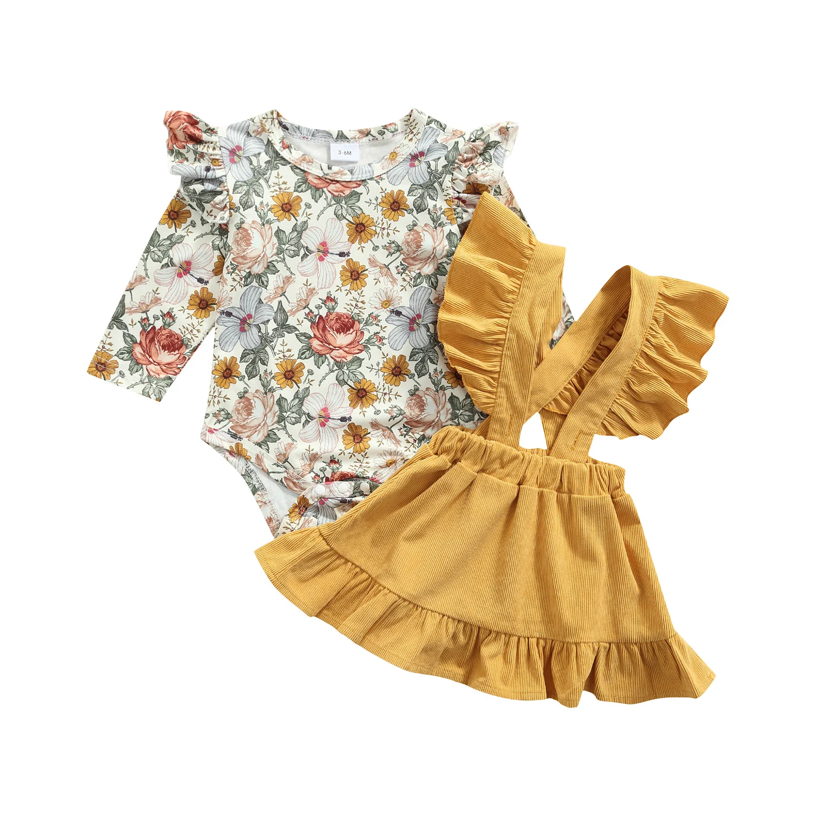 

2Pcs Autumn Infant Clothes For Baby Girl Fashion Cotton Floral Romper+Suspender Dress Outfits Suit Toddler Girl Clothing Set