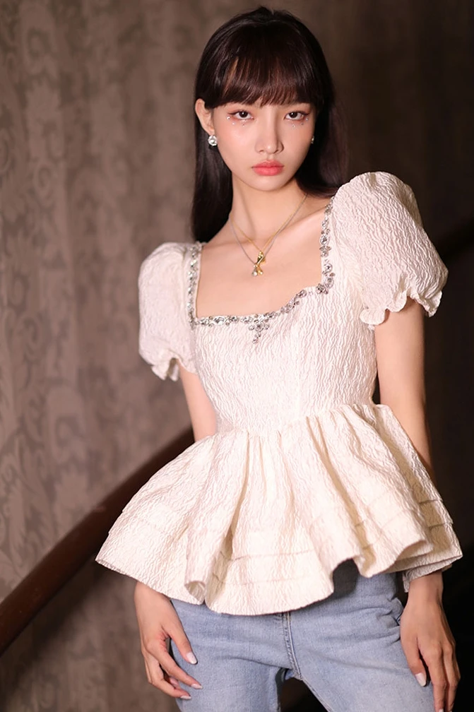 

2021 Summer Women New Handmade Rhinestone Square Collar Top Ladies Puff Sleeve Solid Color Shirt Fashion Simple Pullover Blouses