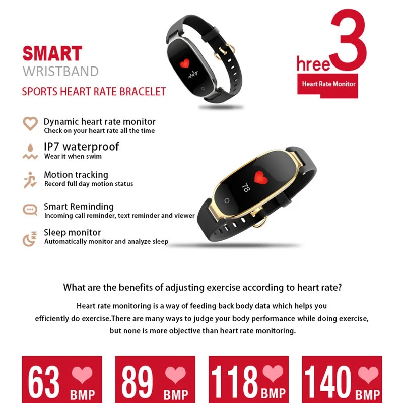 S3 Smart Watch Women Ladies Heart Rate Monitor Peeter Fitness Band Bluetooth for Android IOS Phone Black | Электроника