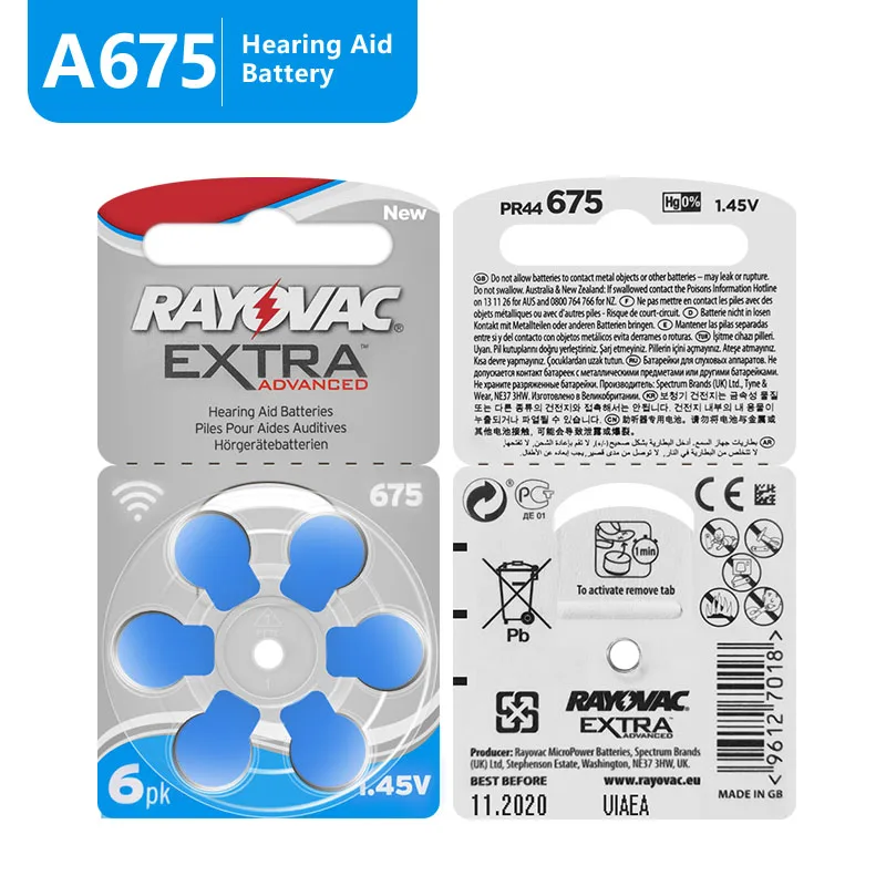 60 шт Rayovac Экстра слуховой аппарат батареи цинк воздуха 675A 675 A675 PR44 для слуховых