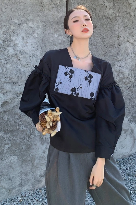 

2021 Spring New High Street Vintage Black Pullover Shirt Jacquard Patch Stitching Bubble Long-sleeved Top Women Blusas