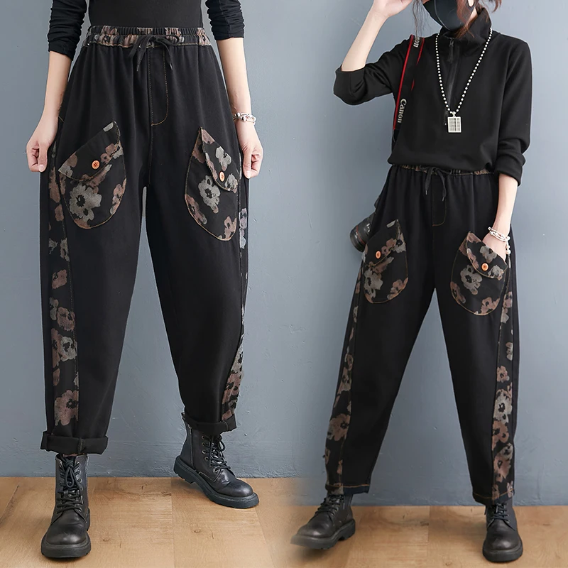 

Женские хлопковые шаровары в этническом стиле, элегантные милые удобные черные джинсовые брюки с поясом на резинке и принтом, осень 6564