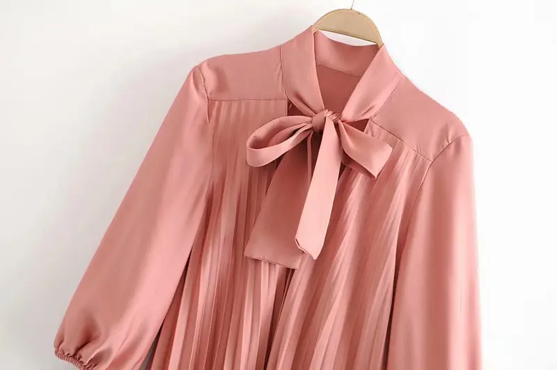 Женское милое розовое плиссированное платье миди с бантом и воротником рукав три